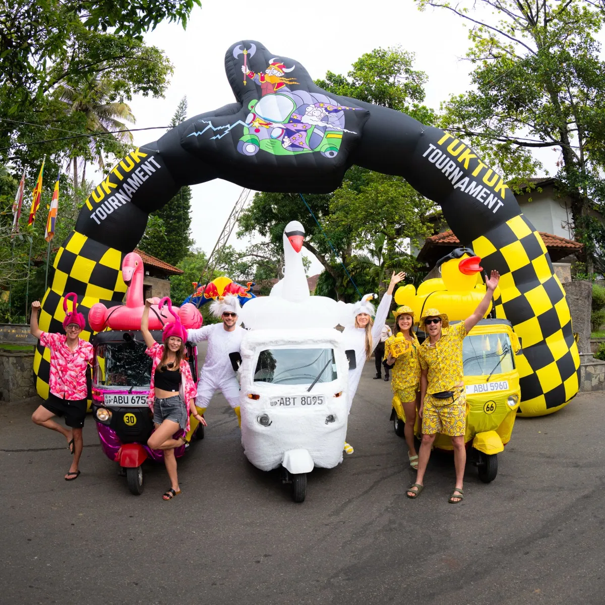 Three creatively decorated tuktuks — flamingo, swan, and duck themed